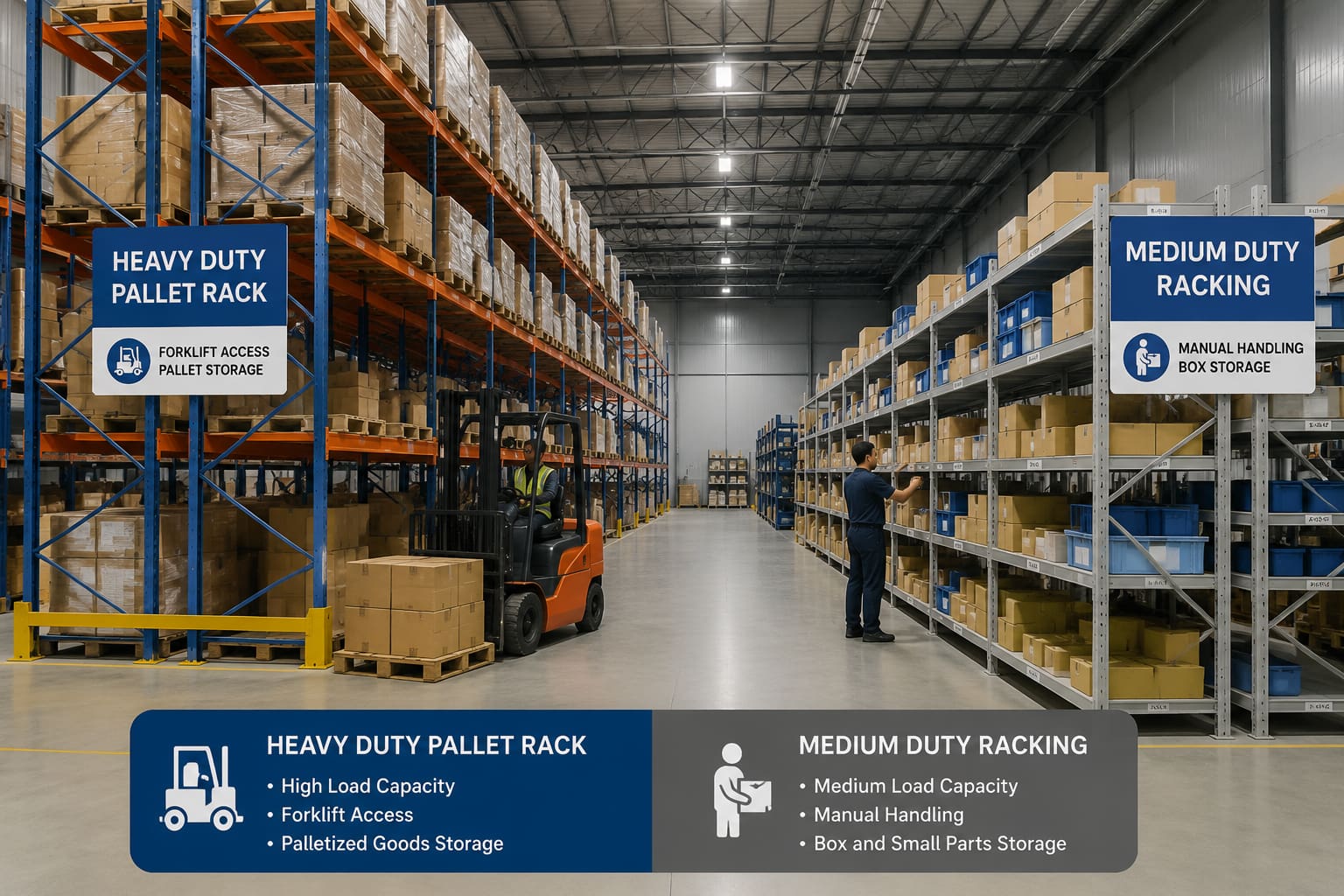 Industrial warehouse showing different storage rack systems for pallet and manual handling applications Industrial warehouse showing different storage rack systems for pallet and manual handling applications